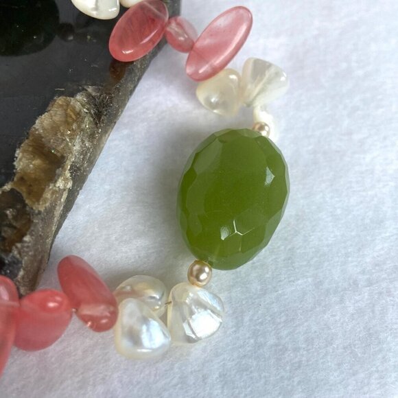 Sterling Silver 925 Beaded Oval Faceted Chrysoprase MOP & Pearl Necklace 17.5" - Picture 7 of 16